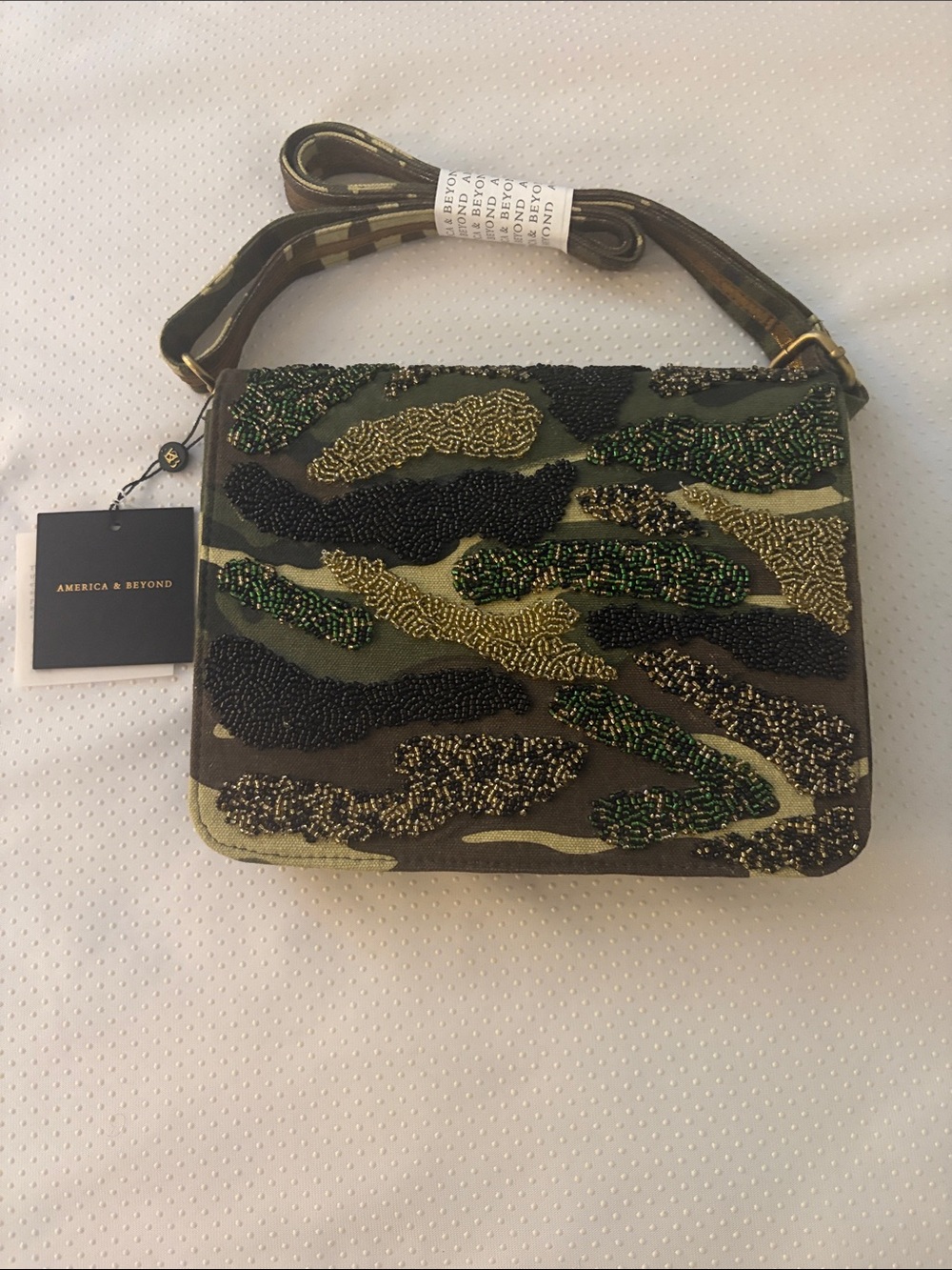 America & Beyond Olive Green Beaded Camouflage Crossbody Bag